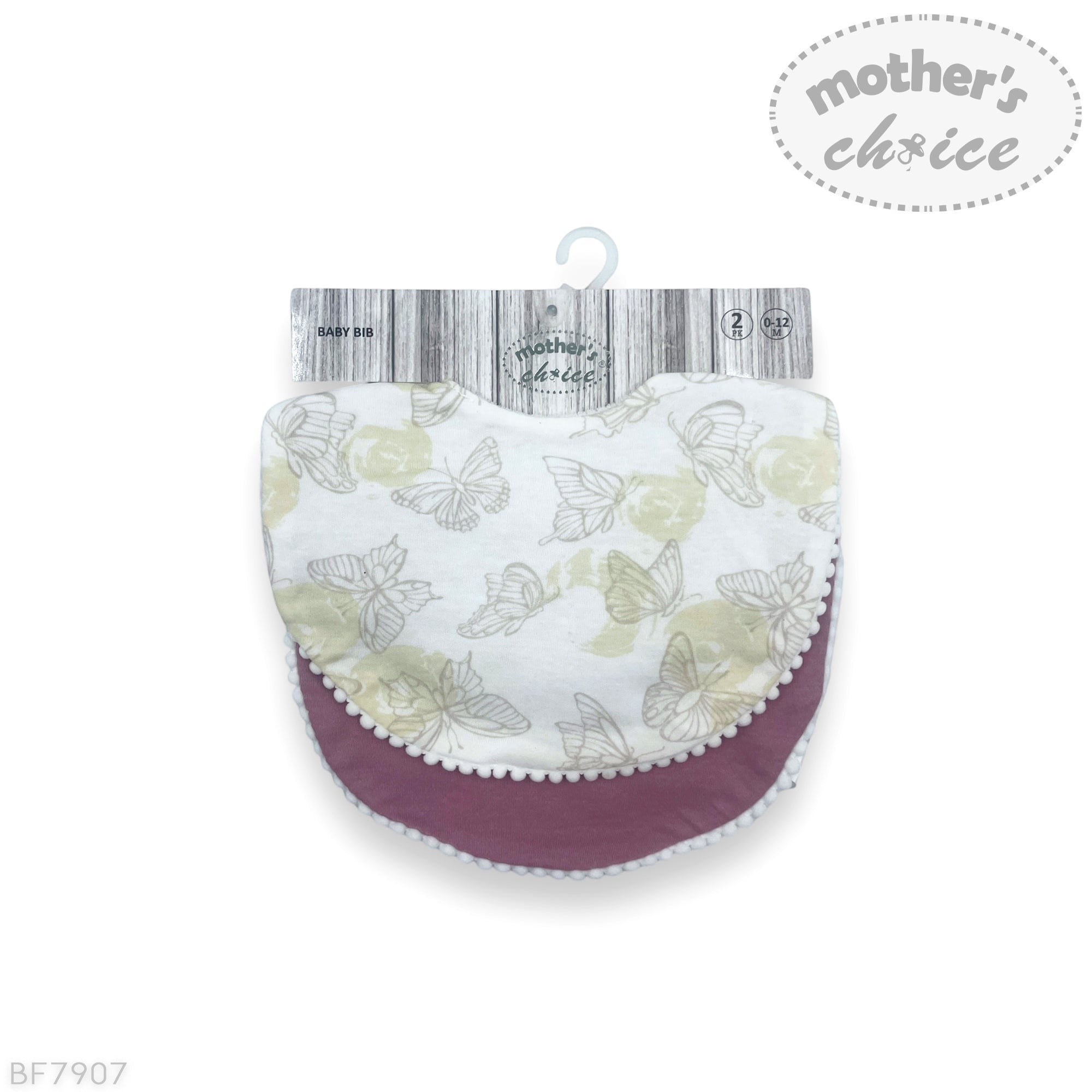 Floral-patterned baby bib with purple trim on a white background, branded 'Mother's Choice'.