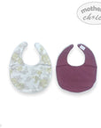 Two baby bibs, one with a floral pattern and one solid color, on a white background with 'mother's choice' branding.