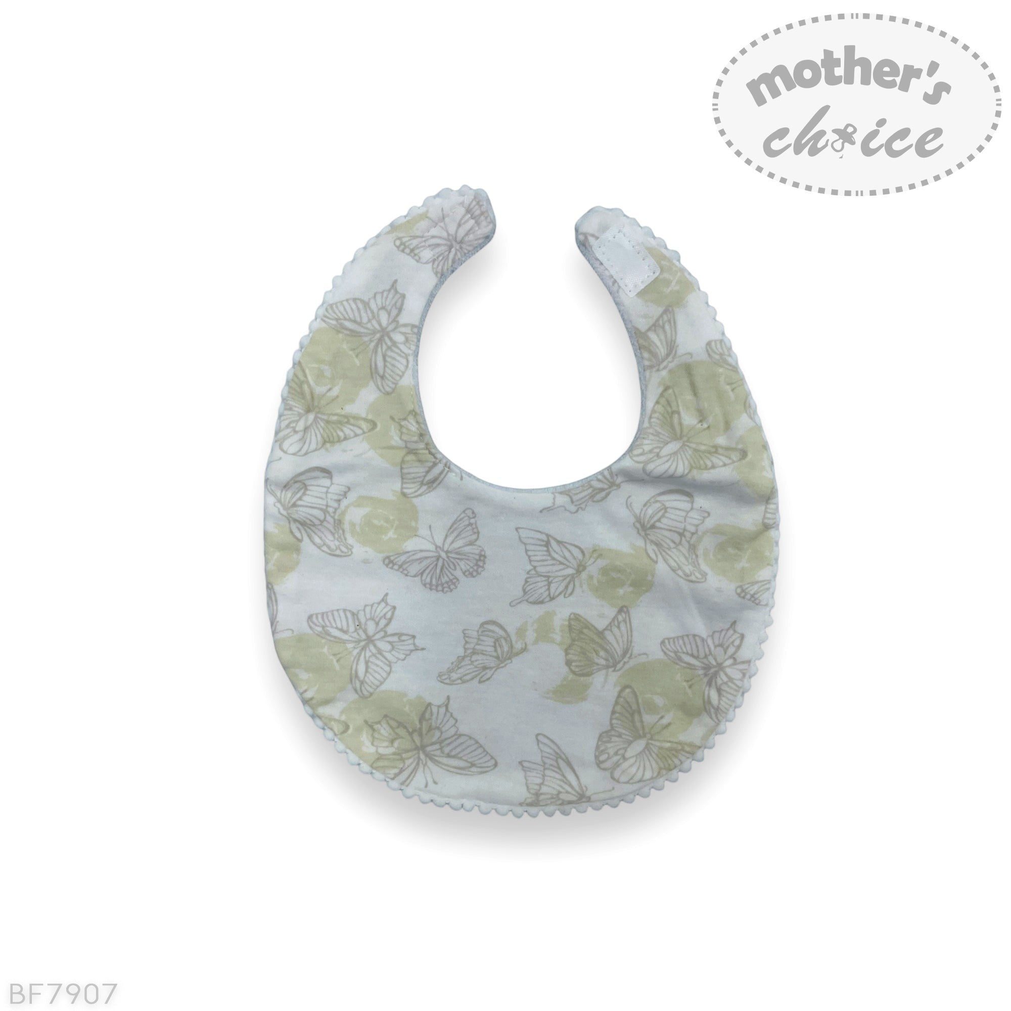 Baby bib with floral pattern on a white background, branded 'mother's choice'.