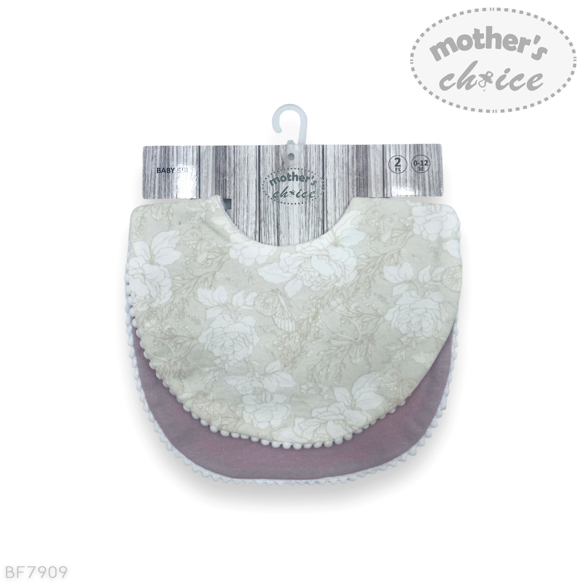 Baby bib with floral pattern on a white background, branded 'Mother's Choice'.
