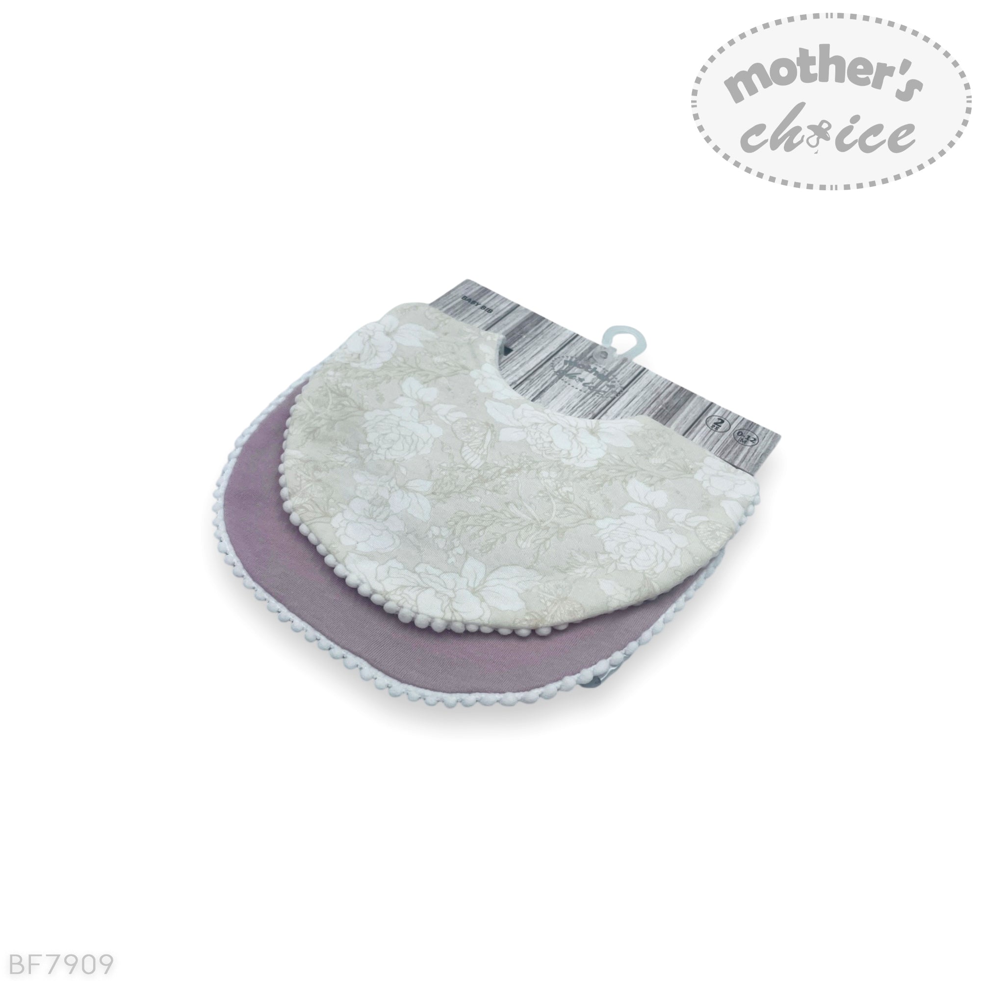 Two baby bibs with a soft texture on a white background, branded 'Mother's Choice'.