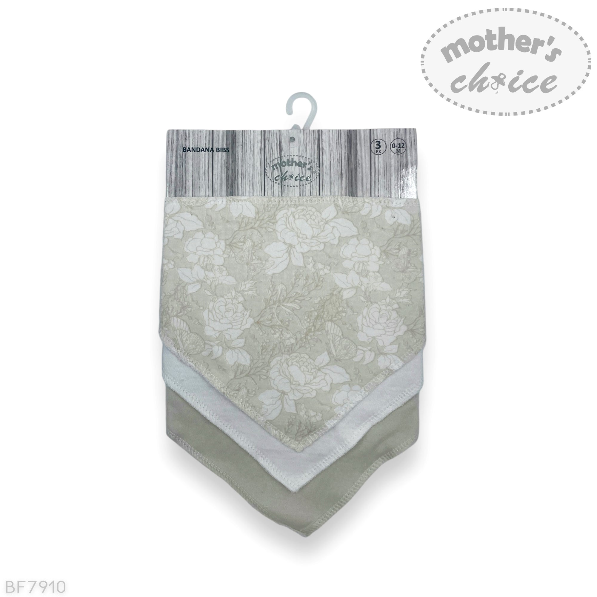 Floral-patterned baby bib on a white background with 'Mother's Choice' branding.