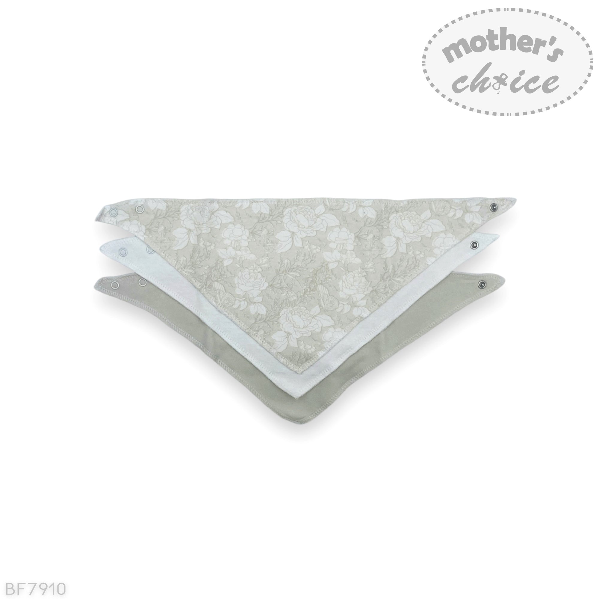 Baby bandana bib with floral pattern on a white background, branded 'Mother's Choice'.