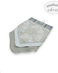 Stack of gray and white baby blankets with 'Mother's Choice' branding on a white background
