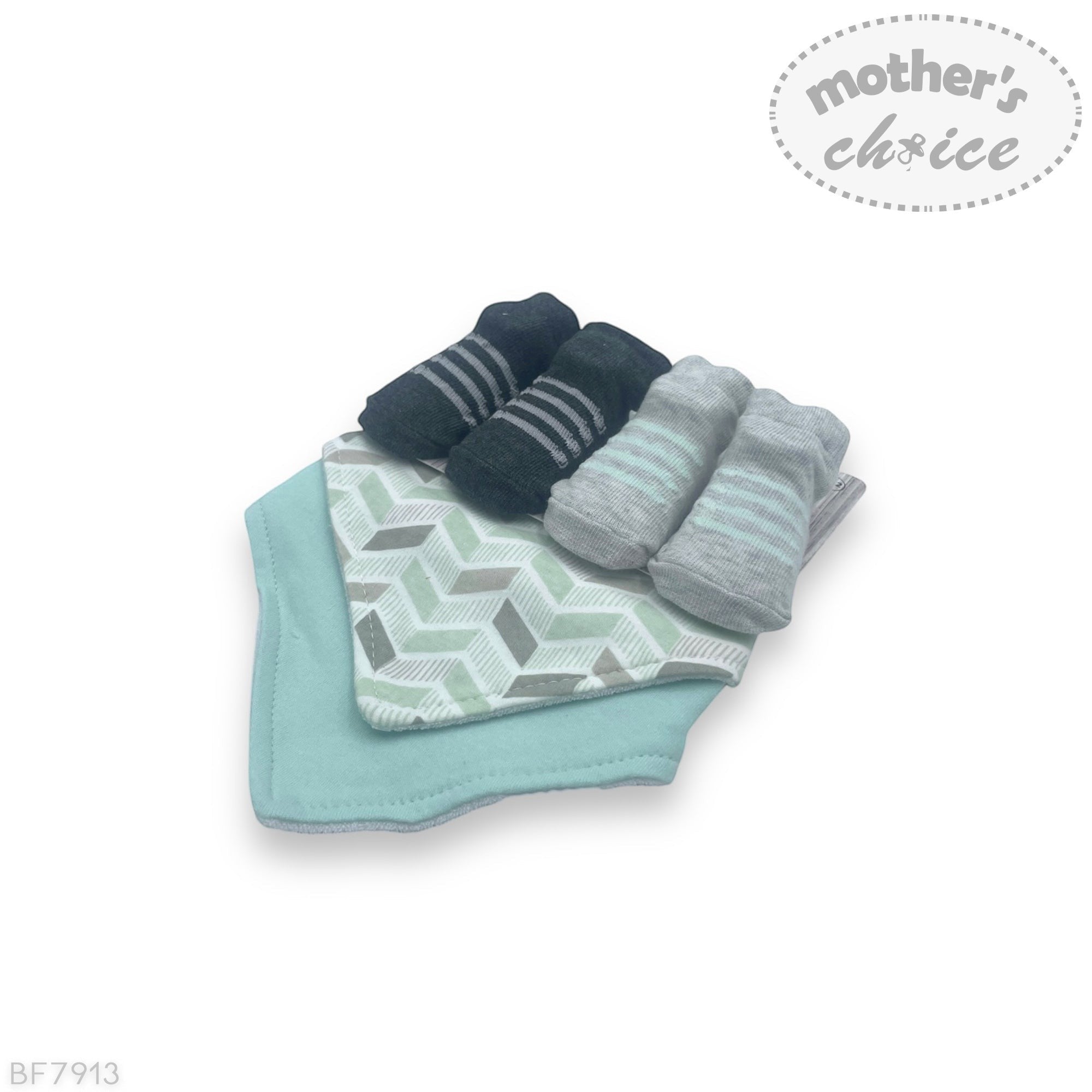 Baby clothing set with socks and a blanket on a white background, featuring 'Mother's Choice' branding.