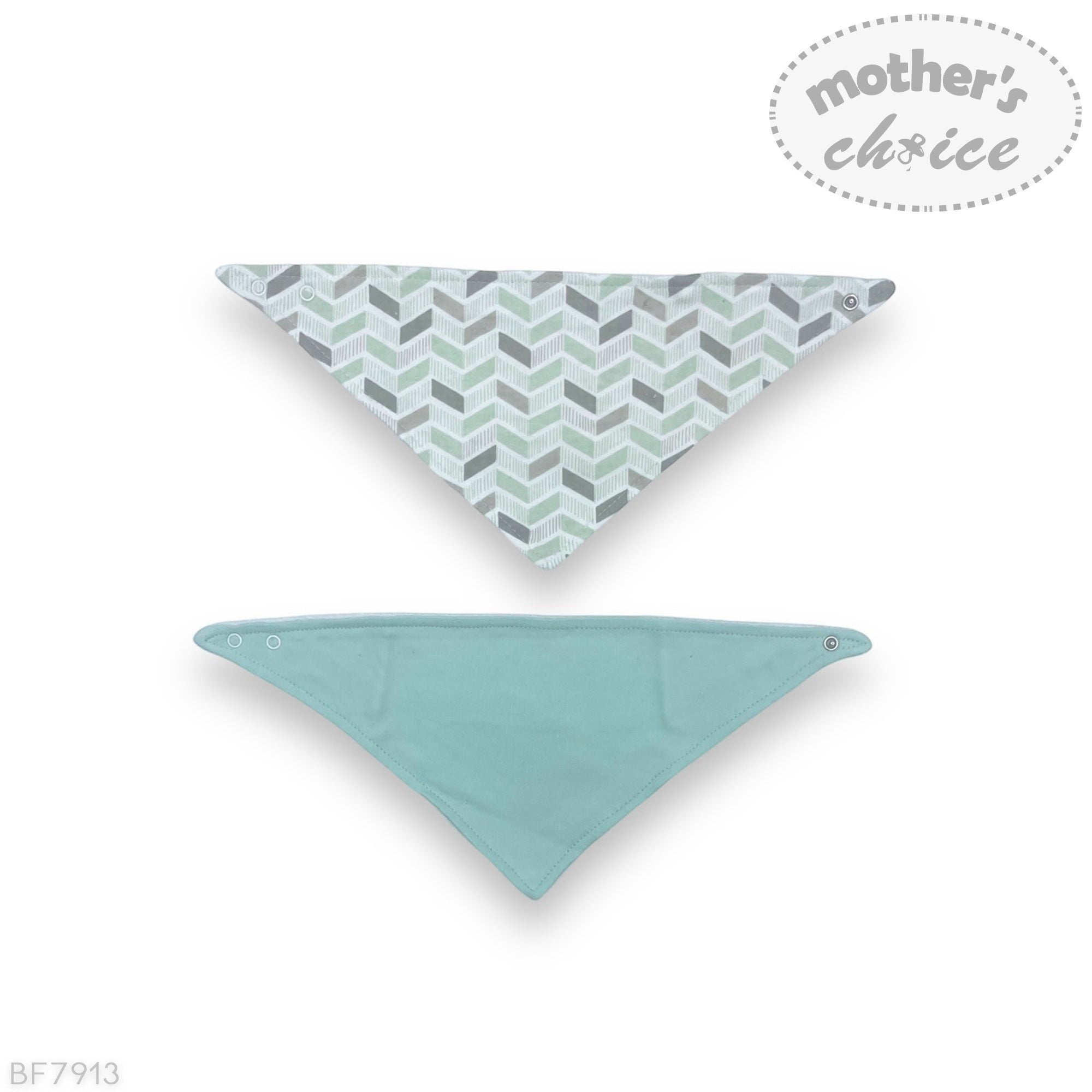 Two baby bandannas with geometric patterns on a white background, branded 'Mother's Choice'.