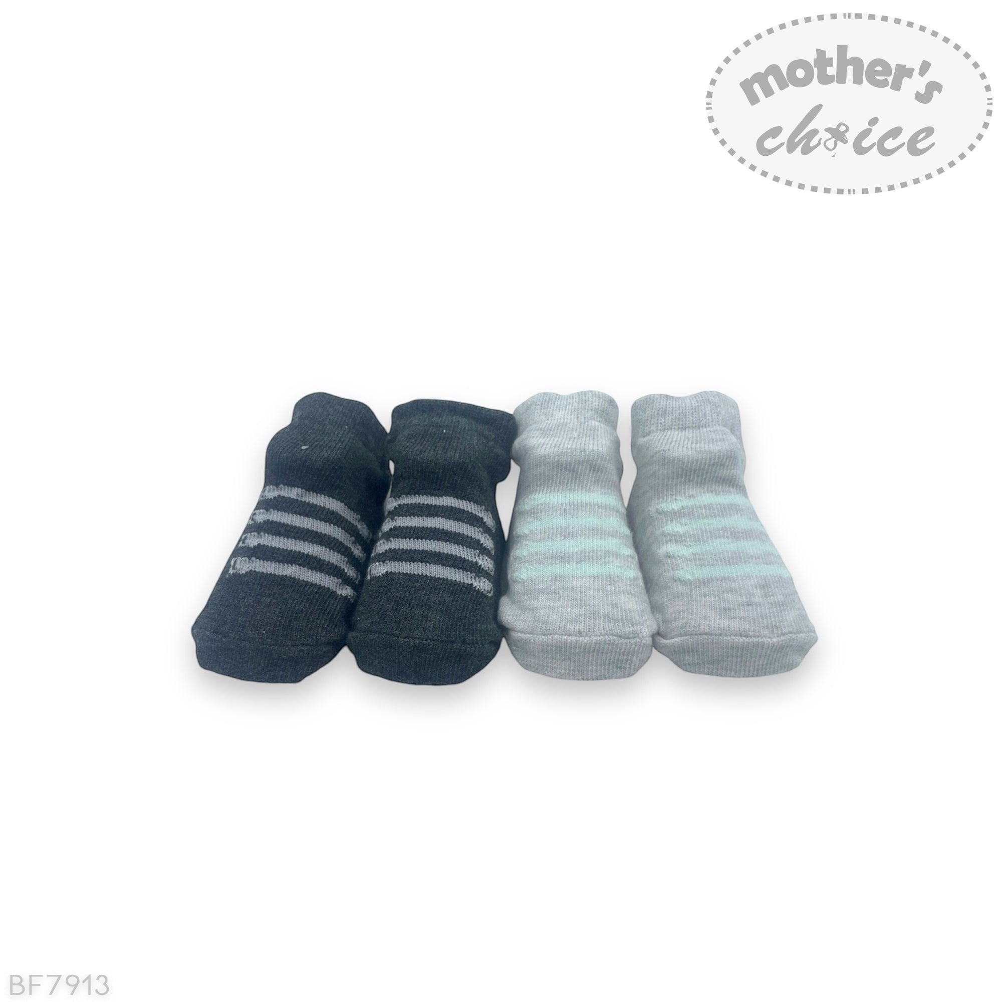 Set of baby socks with stripes on a white background, featuring 'Mother's Choice' branding.