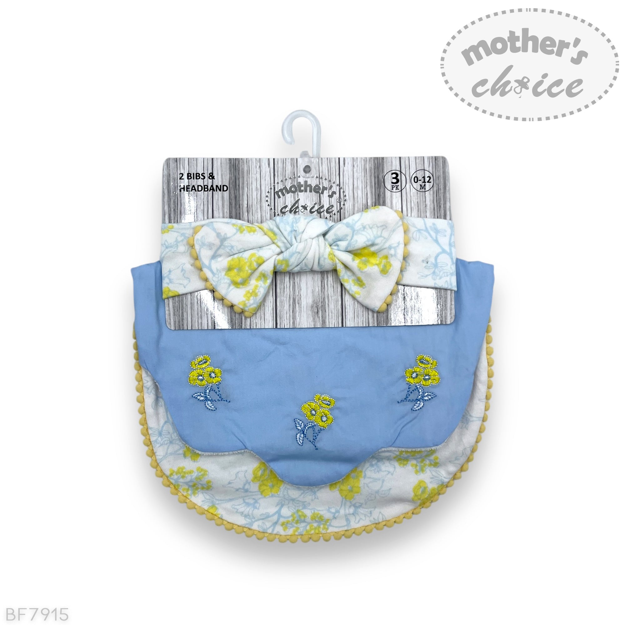 Baby bib and headband set with floral design on a white background, featuring 'mother's choice' branding.
