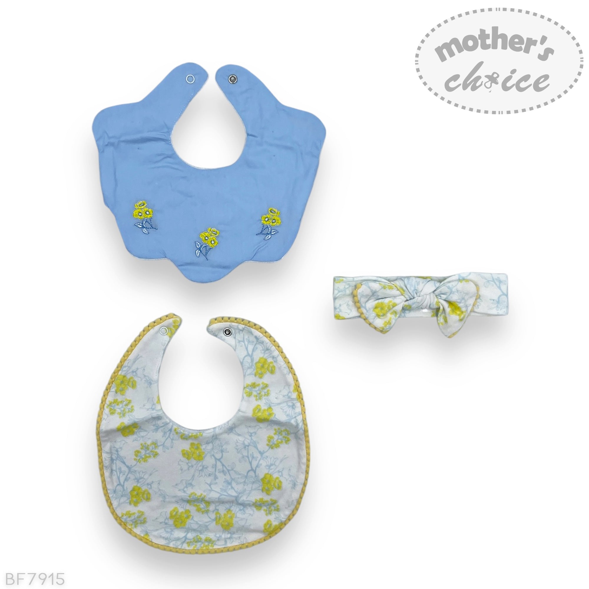 Baby bib and headband set with floral design on a white background, featuring 'mother's choice' branding.