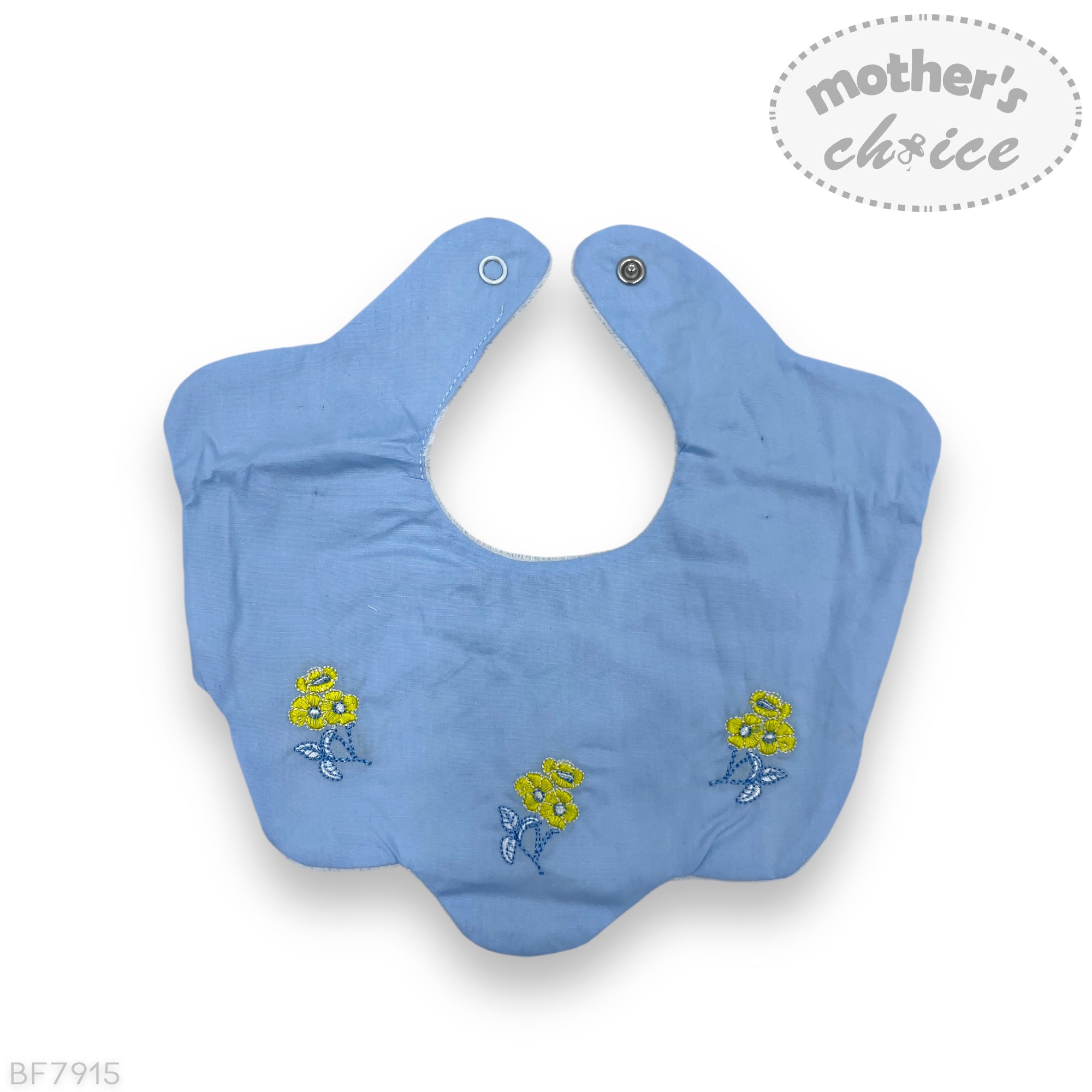 Blue bib with floral embroidery on a white background, featuring 'mother's choice' branding.