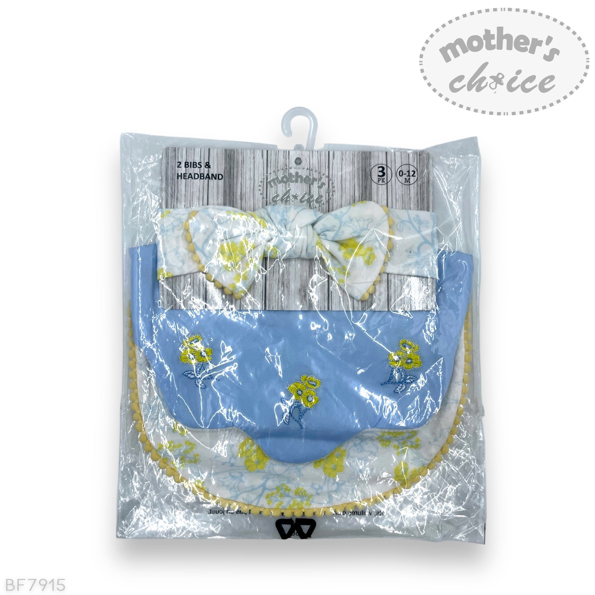 Packaged baby headband and bib set with 'Mother's Choice' branding on a white background