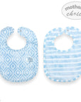 Two blue baby bibs with geometric patterns on a white background, featuring 'mother's choice' branding.