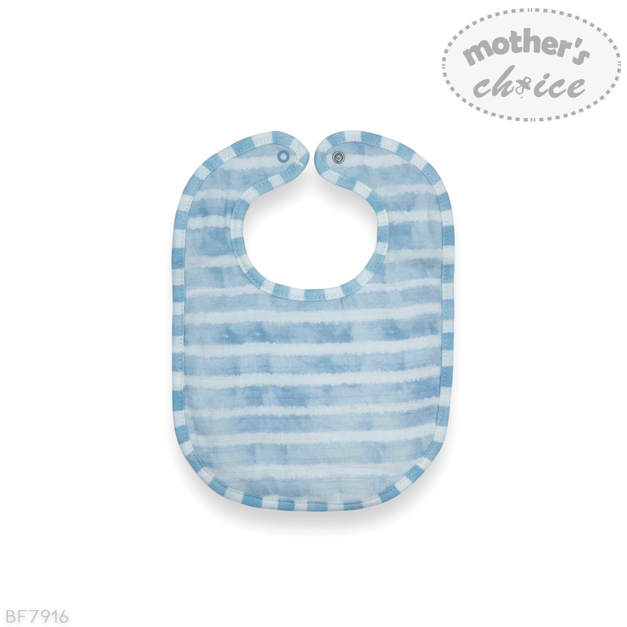 Baby bib with blue and white striped pattern on a white background, branded 'Mother's Choice'.