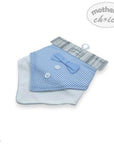 Baby boy outfit with blue checkered shirt and white pants on a white background, featuring 'Mother's Choice' brand.