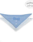 Blue and white checkered bandana with a bow tie on a white background, branded 'Mother's Choice'.
