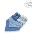 Baby blue and white striped socks with a matching bib on a white background, branded 'Mother's Choice'.