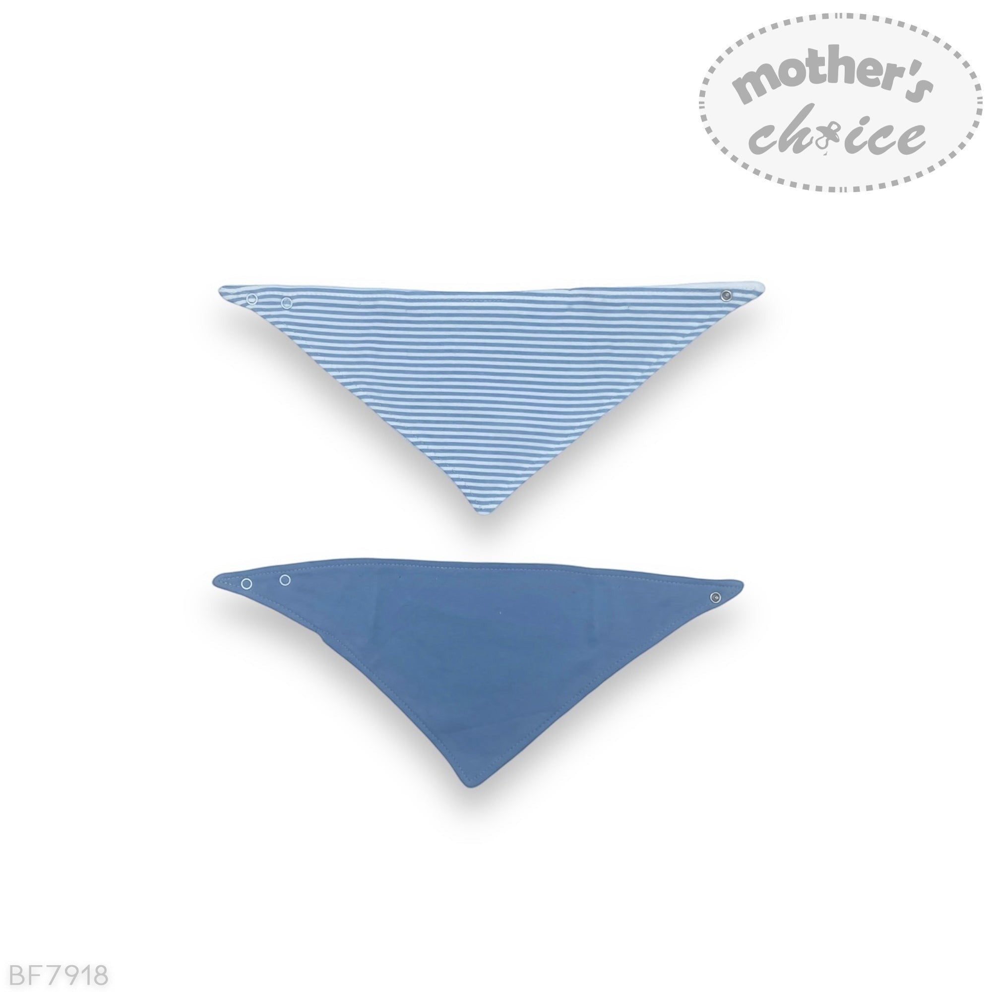 Two blue triangle-shaped baby accessories on a white background with 'mother's choice' branding.