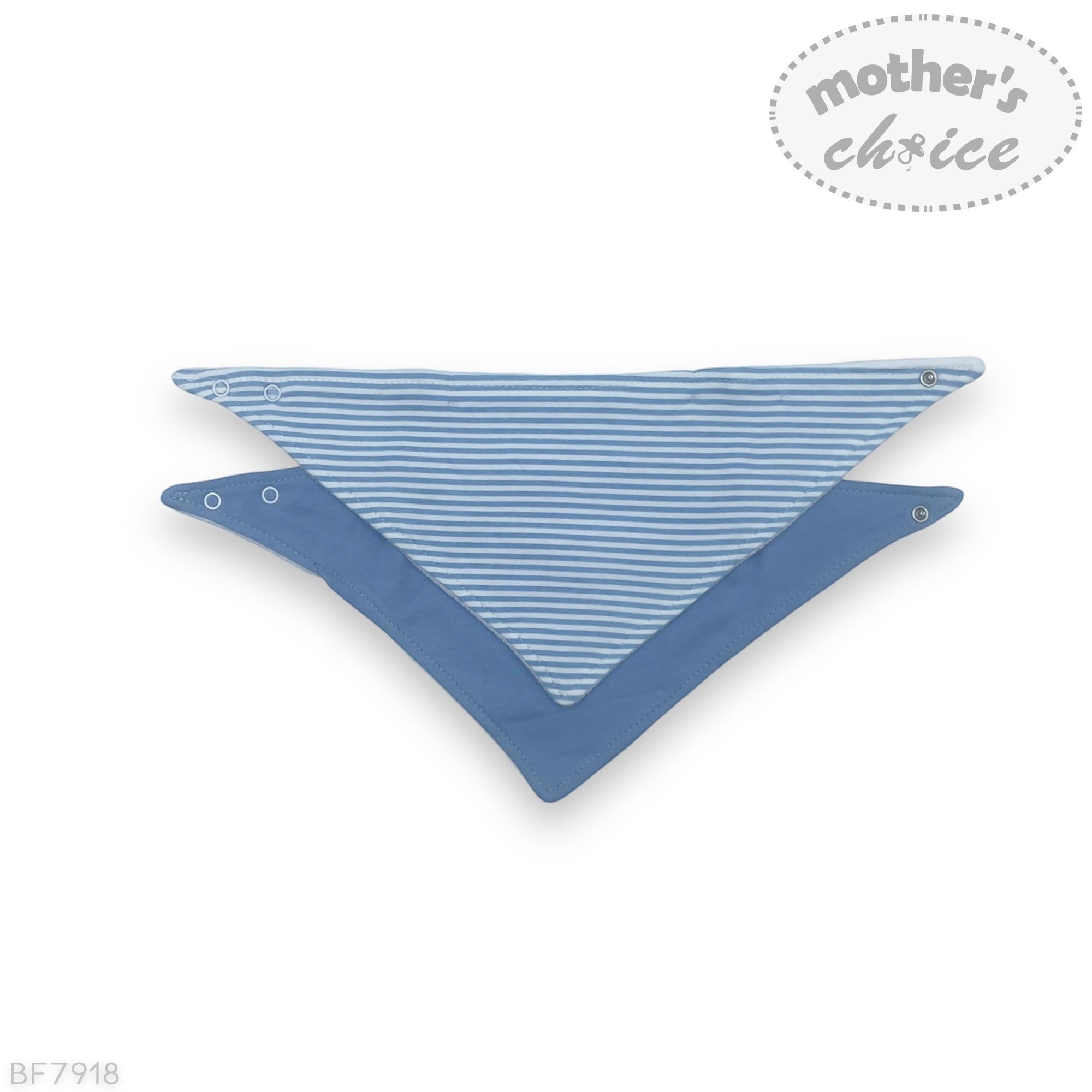 Blue and white striped baby bib with 'mother's choice' branding on a white background
