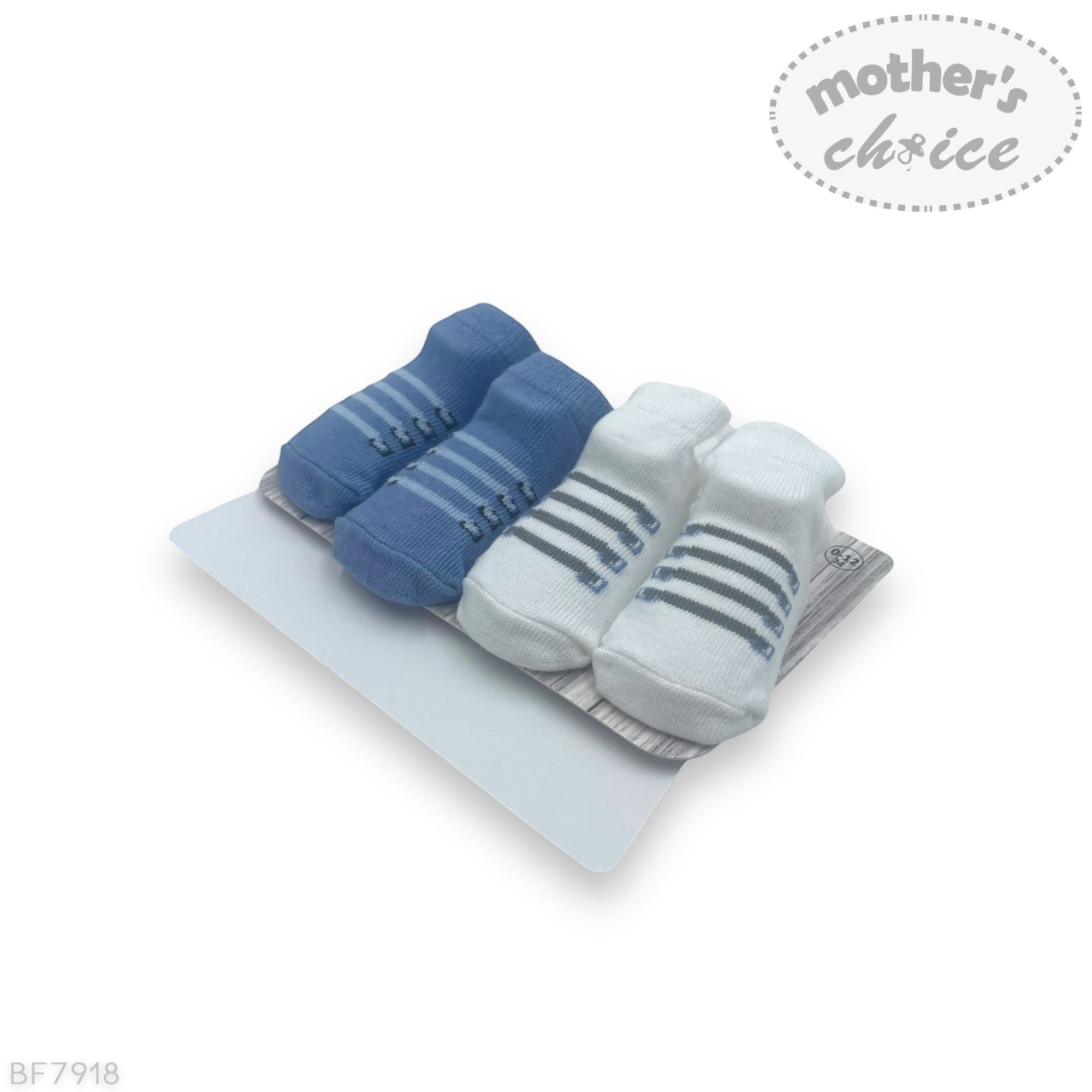 Set of baby socks with blue and white stripes on a white background, featuring 'mother's choice' branding.
