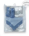 Baby clothing set with striped bib, shorts, and socks in clear packaging on a white background.