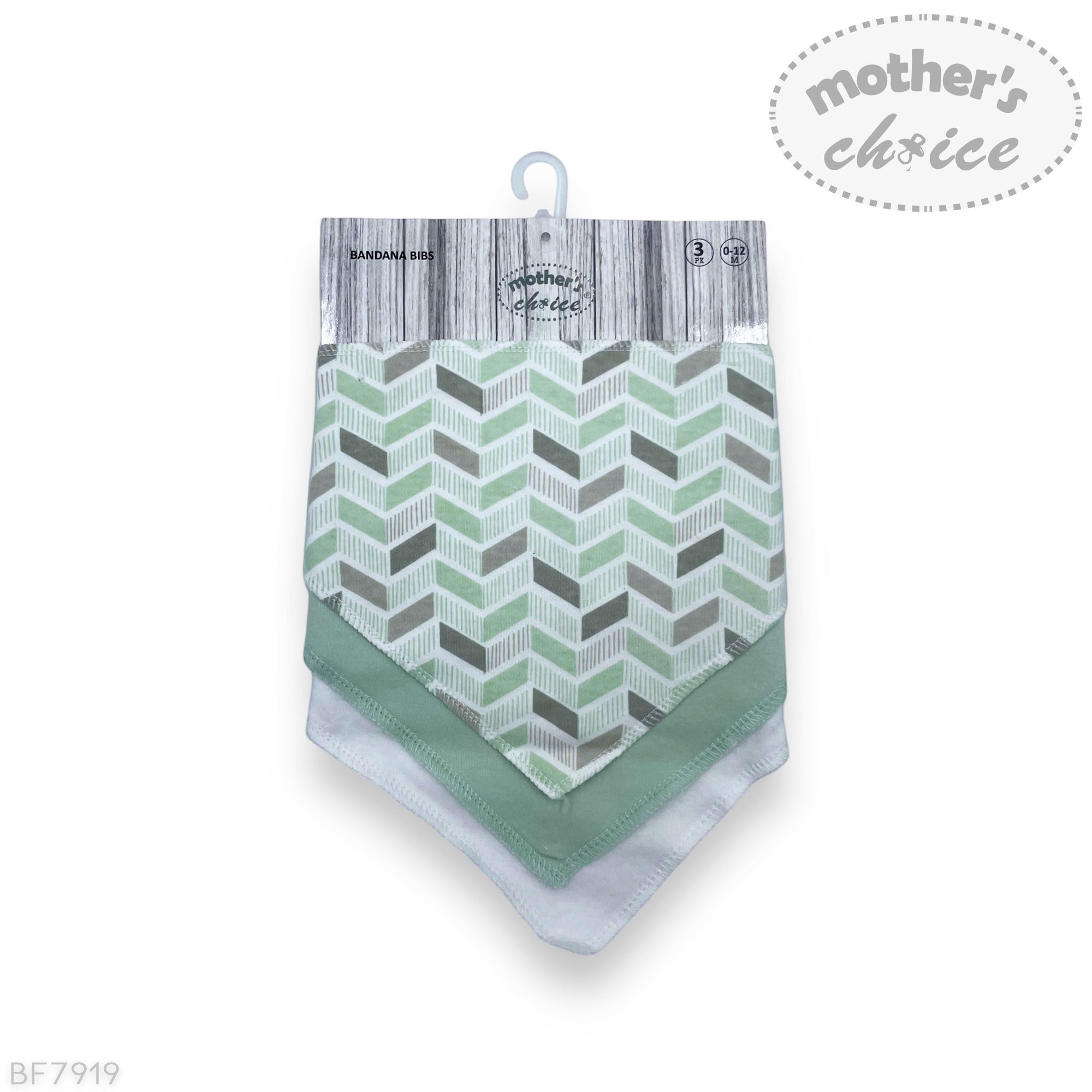Set of baby bibs with geometric pattern on a hanger, branded 'Mother's Choice'.