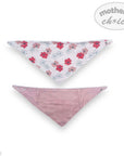 Two baby bandannas with floral and pink patterns on a white background, branded 'Mother's Choice'.