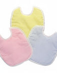 Three baby bibs in yellow, pink, and blue on a white background