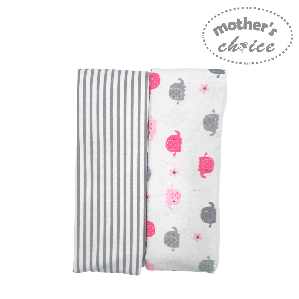 Two baby blankets, one striped and one with pink and gray patterns, on a white background. 'Mother's Choice' branding visible.