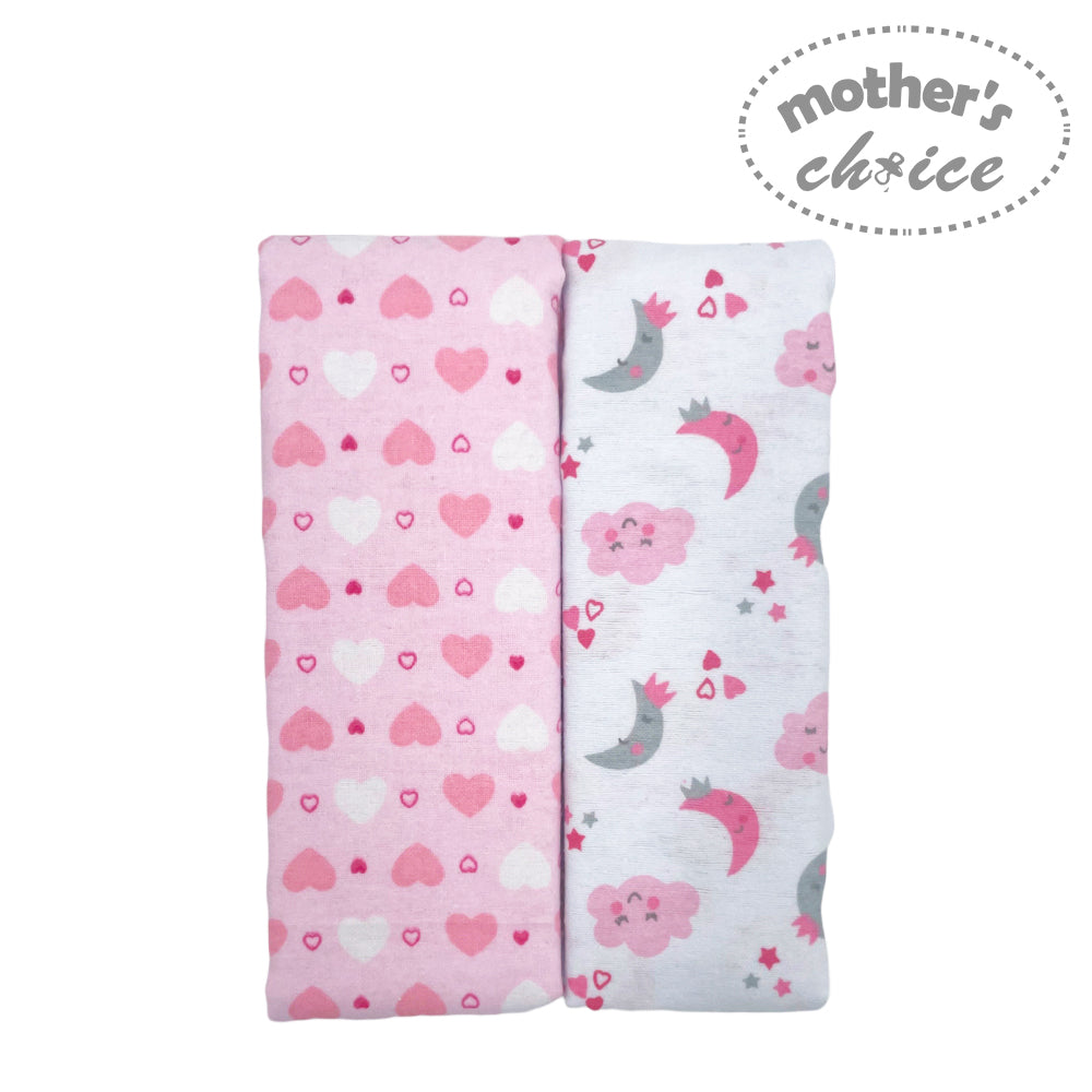 Two baby blankets with pink heart pattern and white moon and star pattern, branded 'Mother's Choice'.