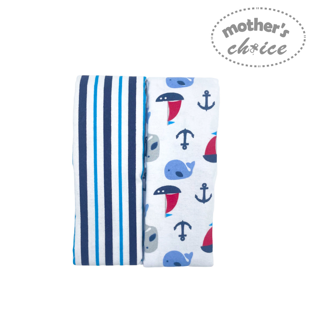 Two baby blankets with nautical patterns on a white background, featuring 'mother's choice' branding.