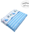Two baby blankets, one with whale pattern and the other blue striped, on a white background with 'Mother's Choice' branding.