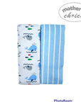Folded baby blanket with whale pattern and blue stripes on a white background, branded 'Mother's Choice'.