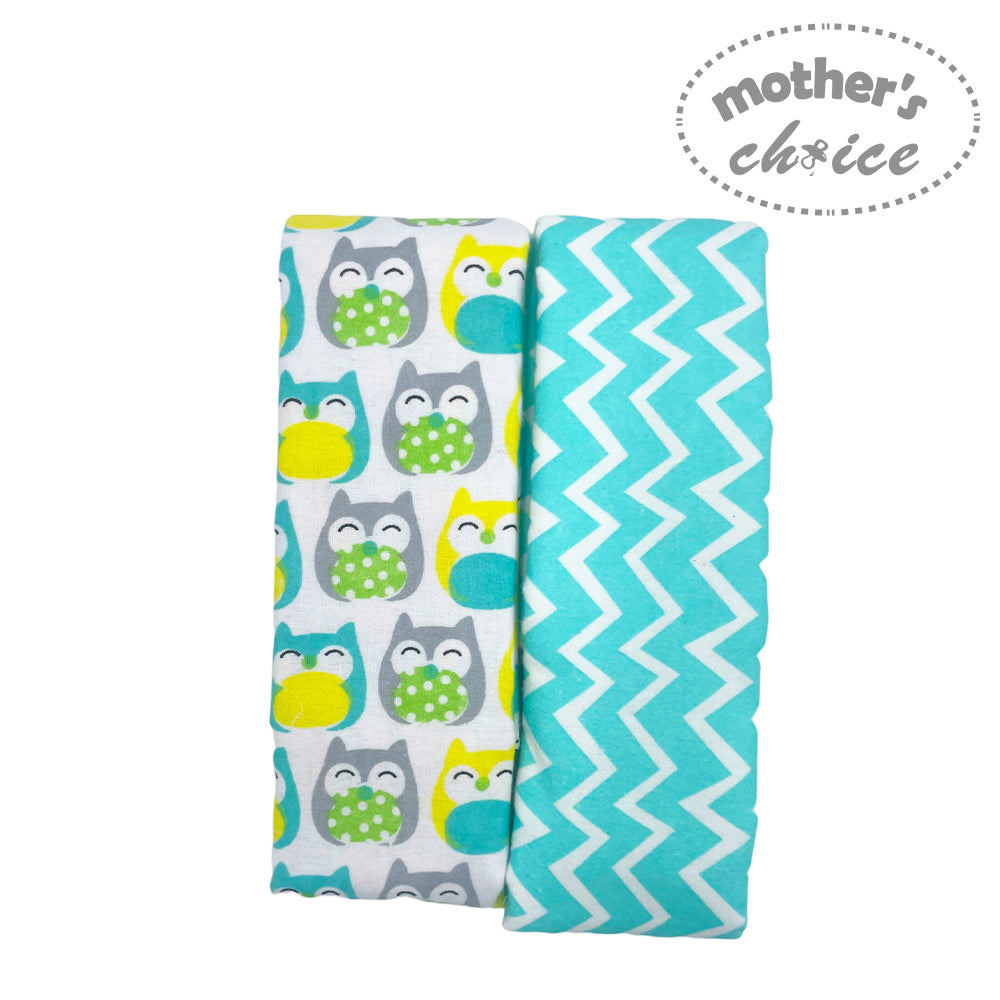 Two baby blankets with owl pattern and turquoise chevron pattern on a white background, branded 'Mother's Choice'.