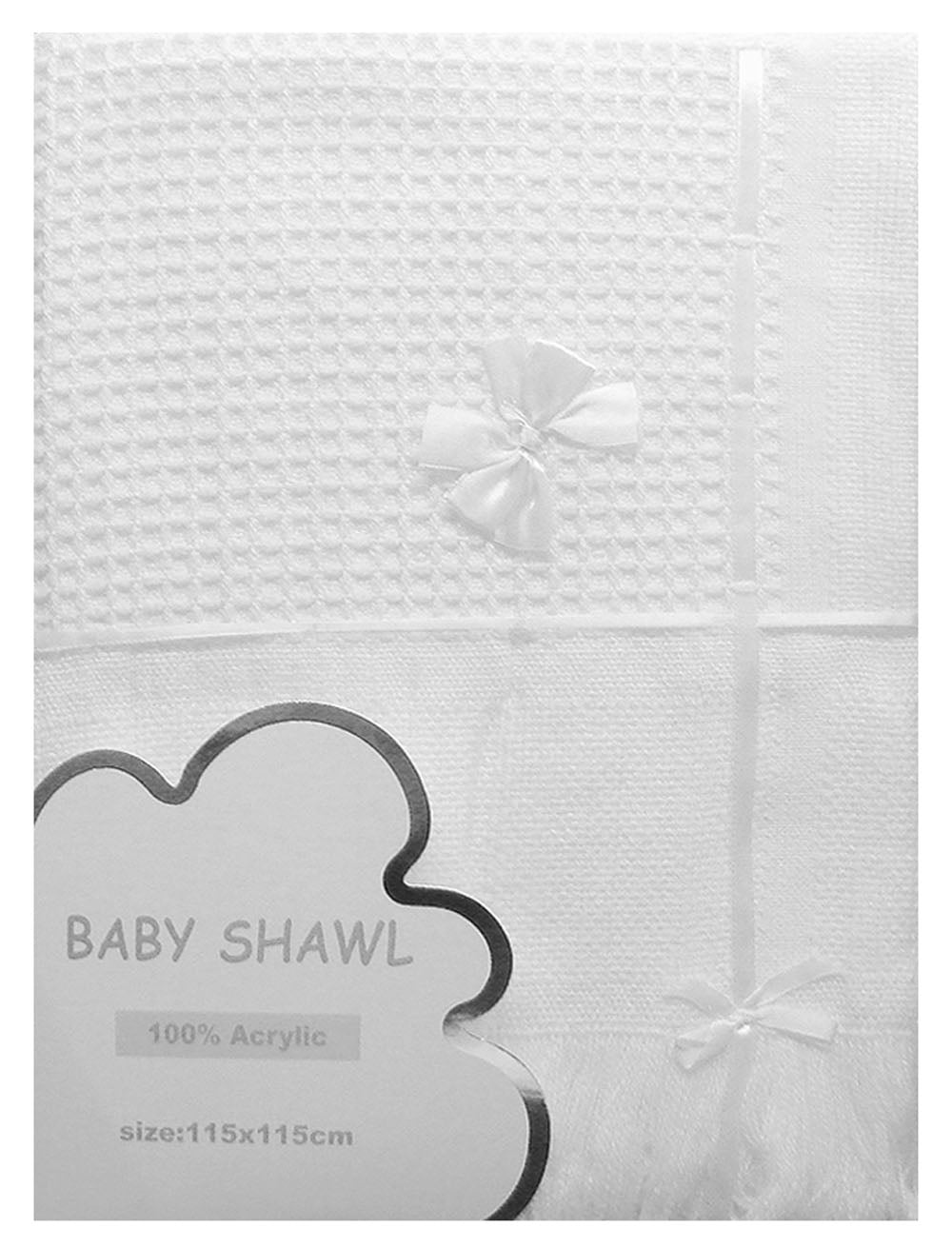 White baby shawl with bow details on a white background