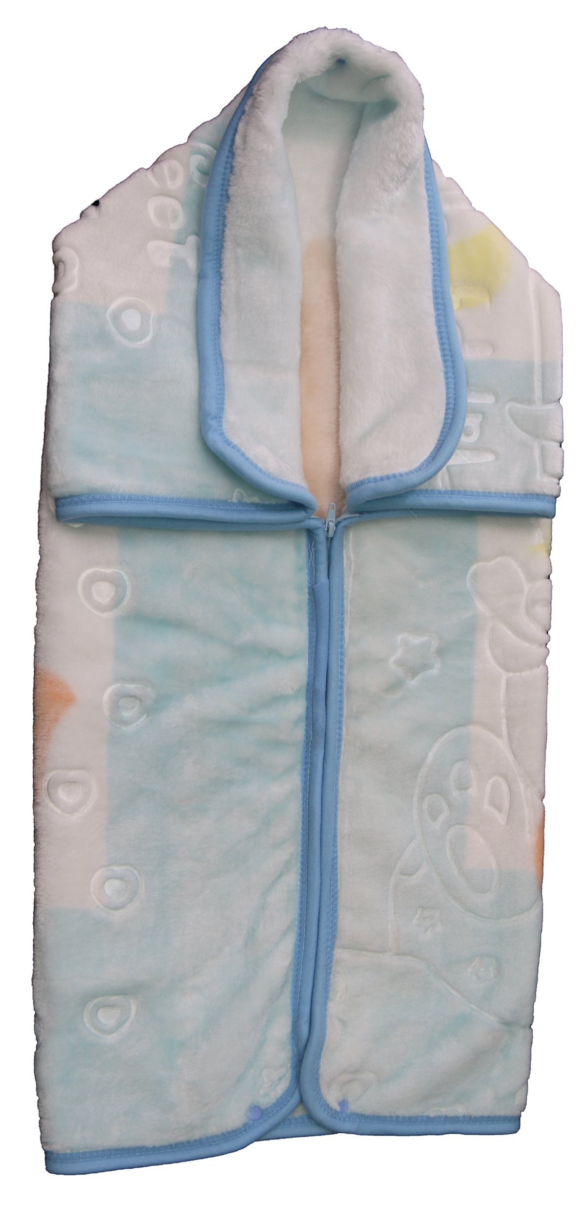 Folded baby blanket with cartoon designs on a white background