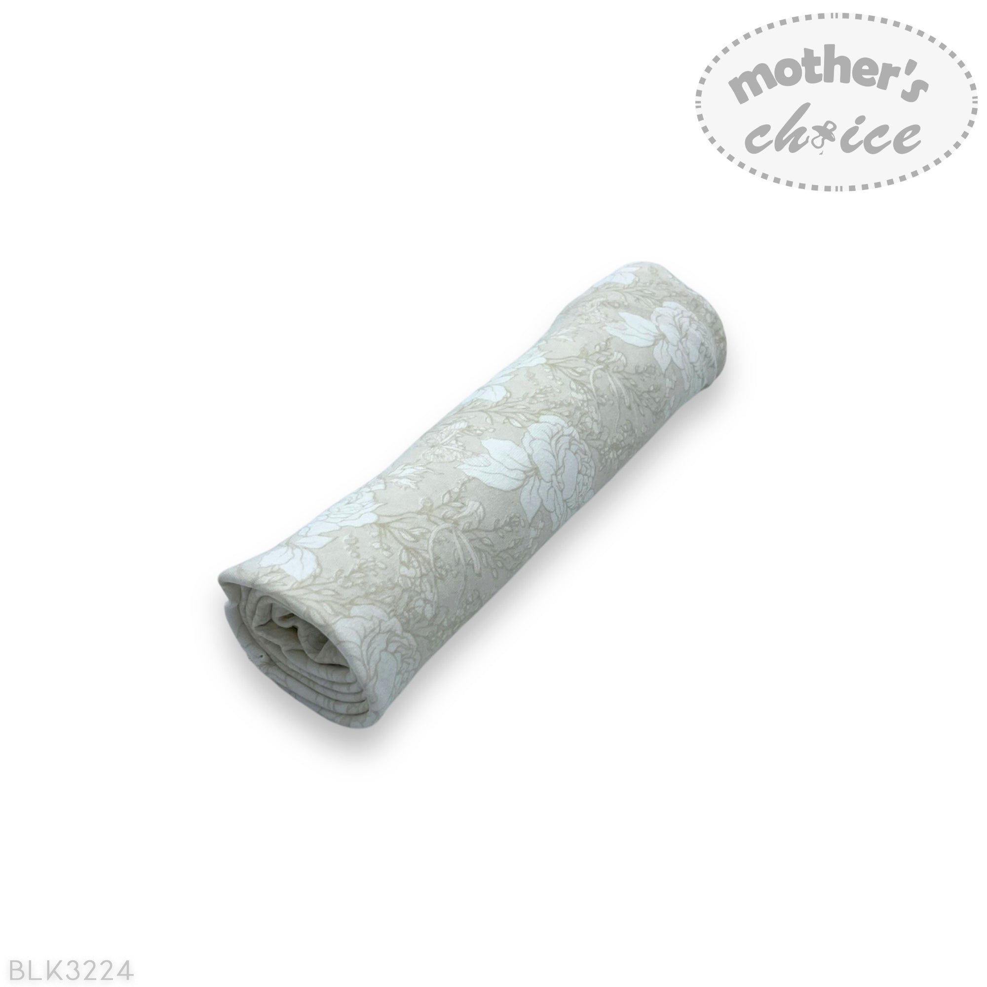 Rolled-up fabric with floral pattern on a white background, featuring 'mother's choice' branding.