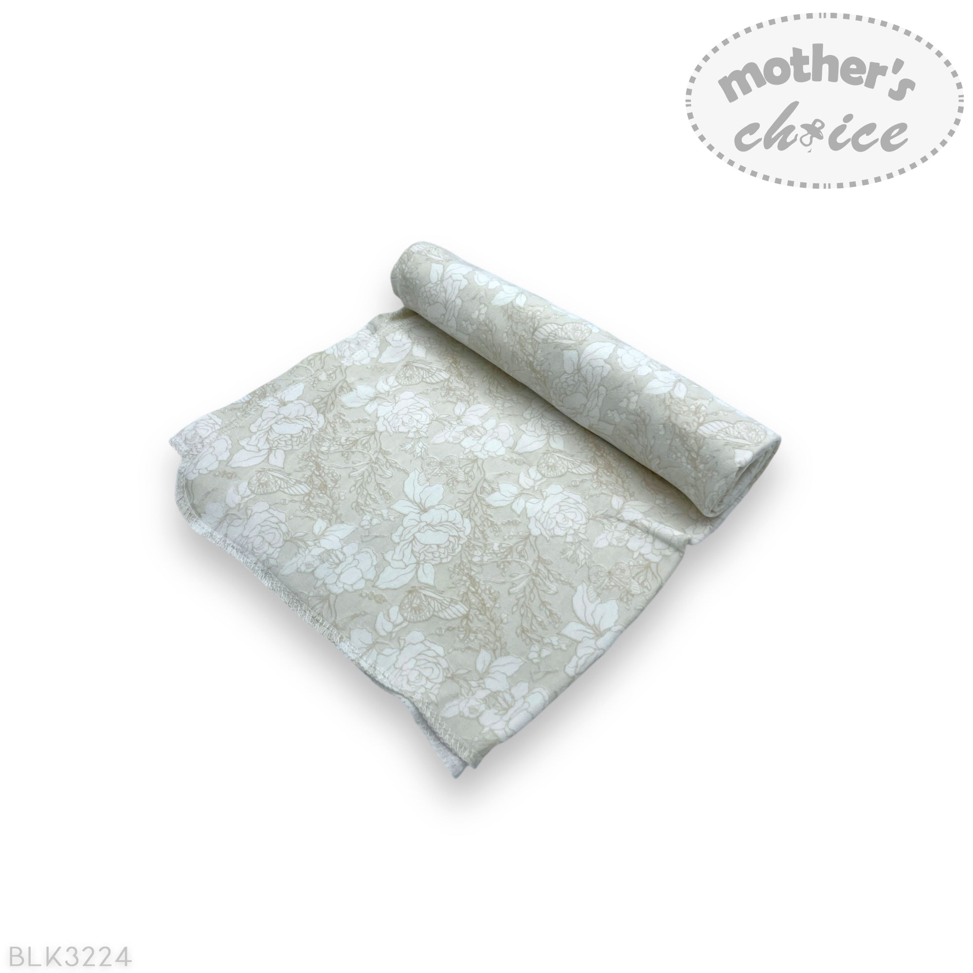 Floral-patterned fabric roll with 'mother's choice' branding on a white background