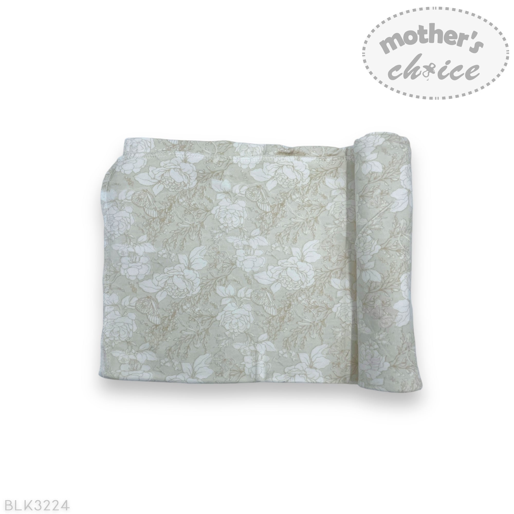 Floral-patterned fabric roll with 'mother's choice' branding on a white background