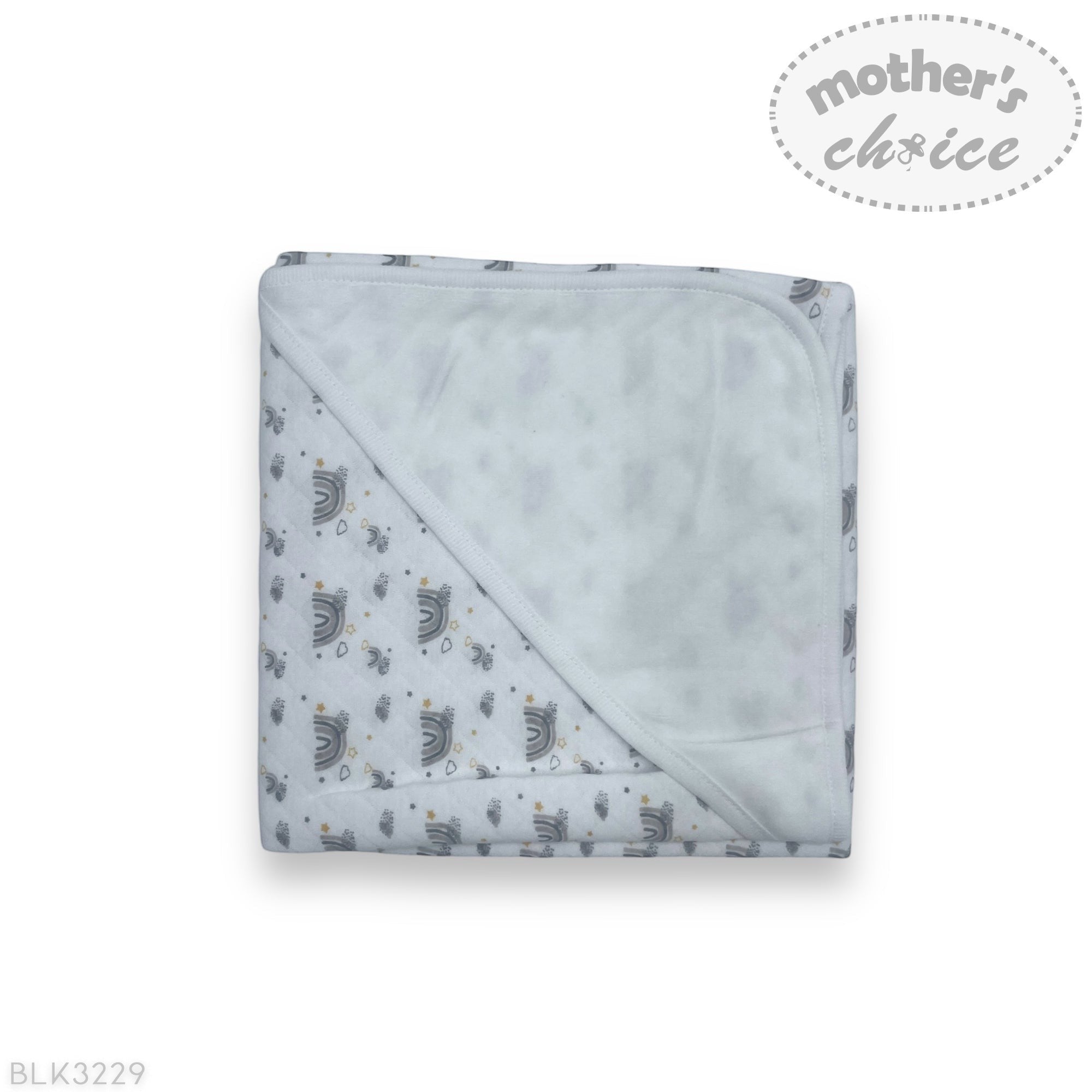 Folded baby blanket with animal pattern on a white background, branded 'Mother's Choice'.