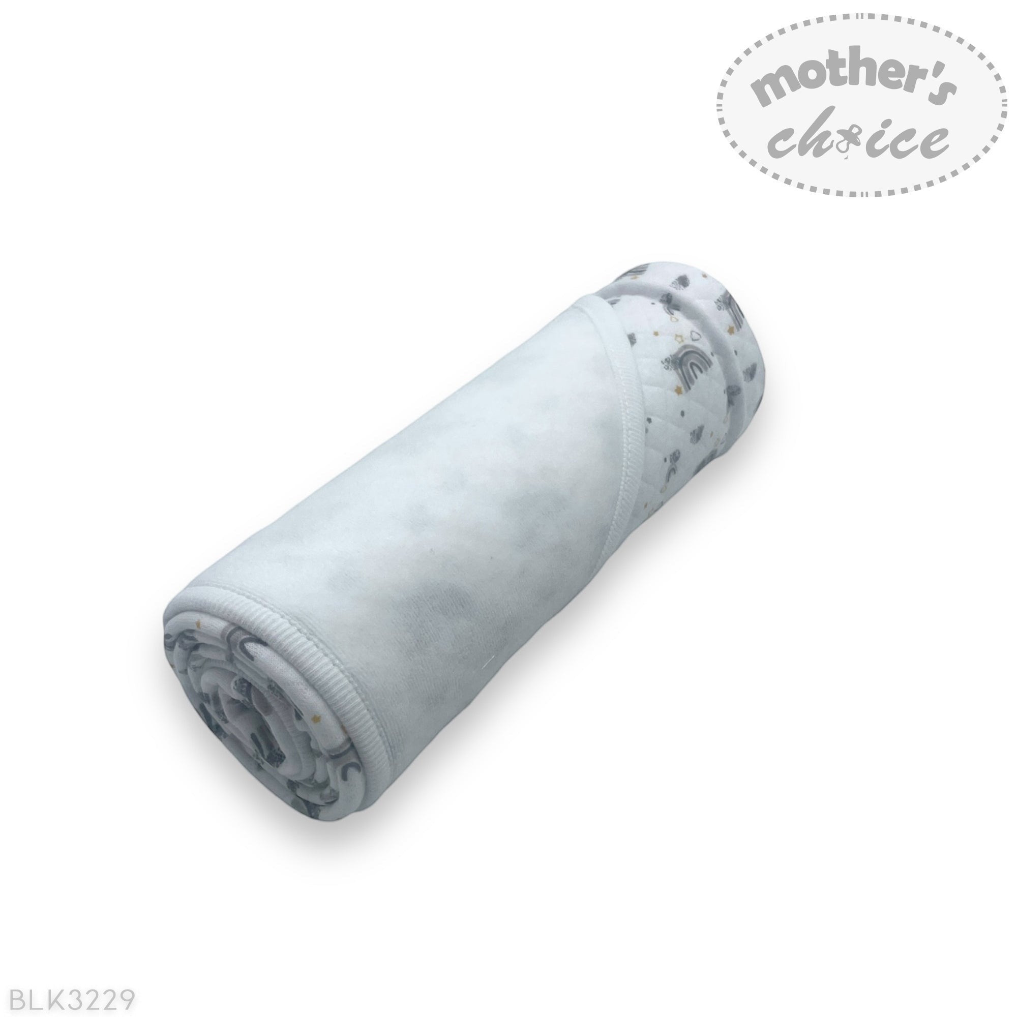 Rolled-up blanket with gray pattern on a white background, featuring 'mother's choice' branding.