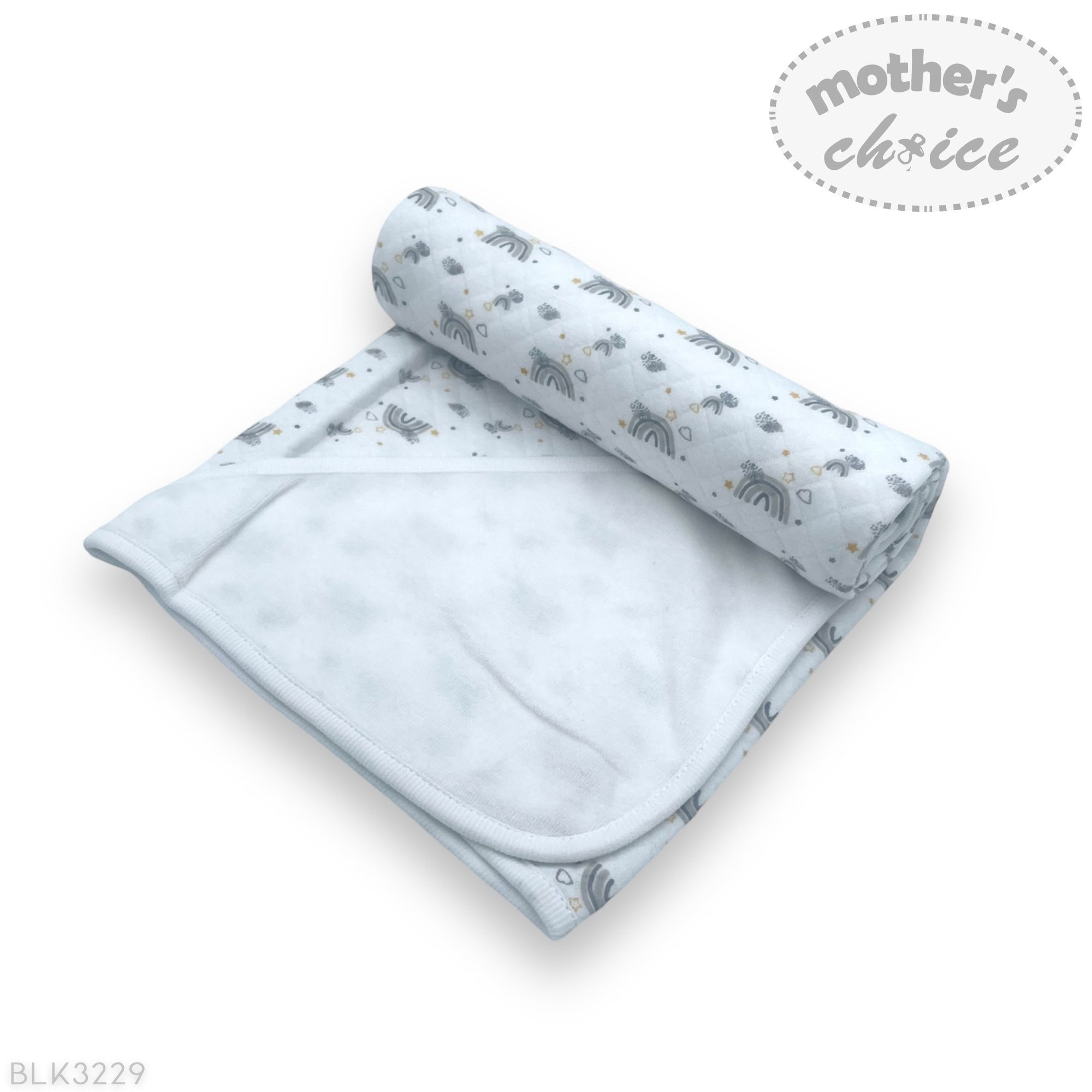 Roll of blue baby blanket with animal pattern on a white background, featuring 'Mother's Choice' brand.