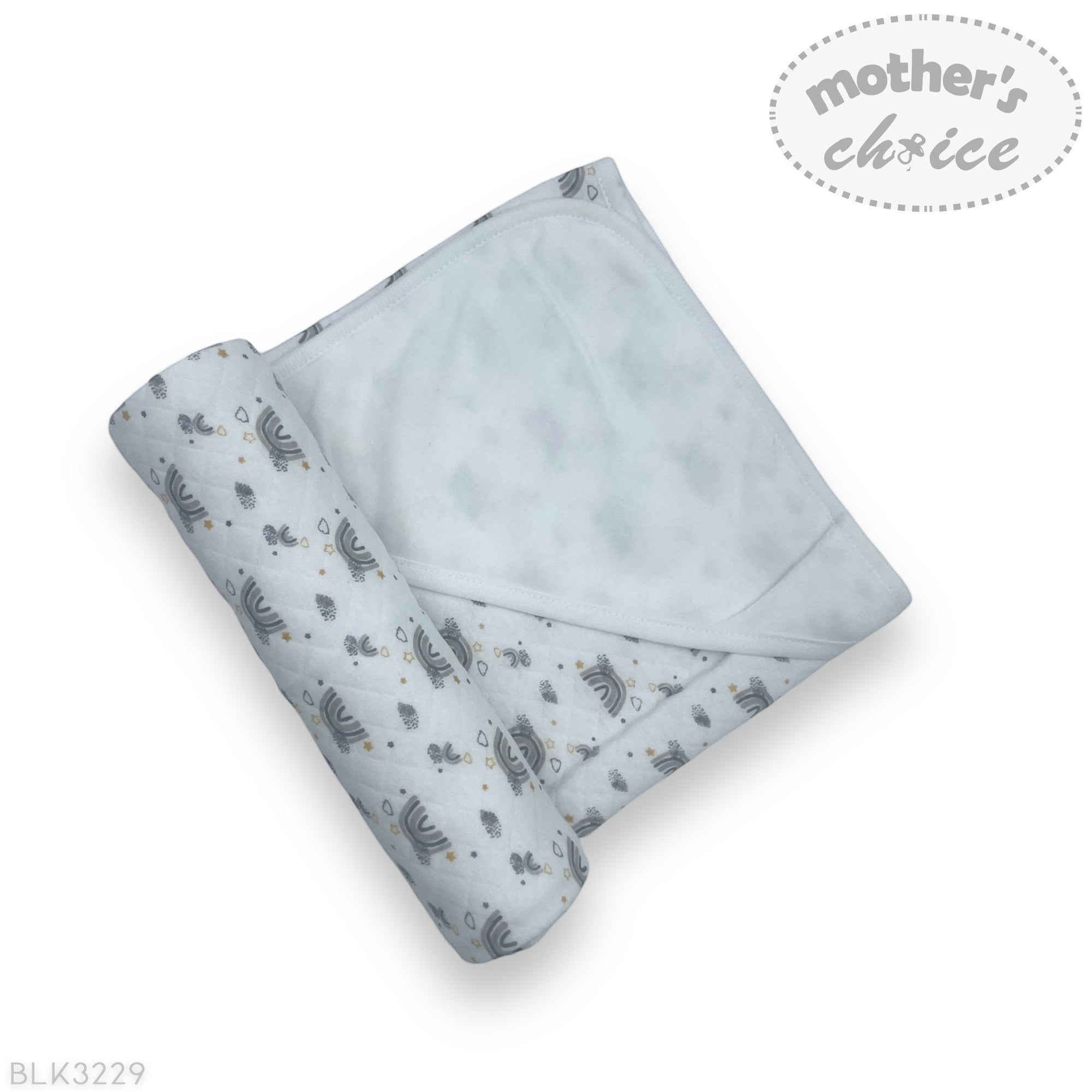 Folded baby blanket with animal pattern on a white background, featuring 'Mother's Choice' branding.