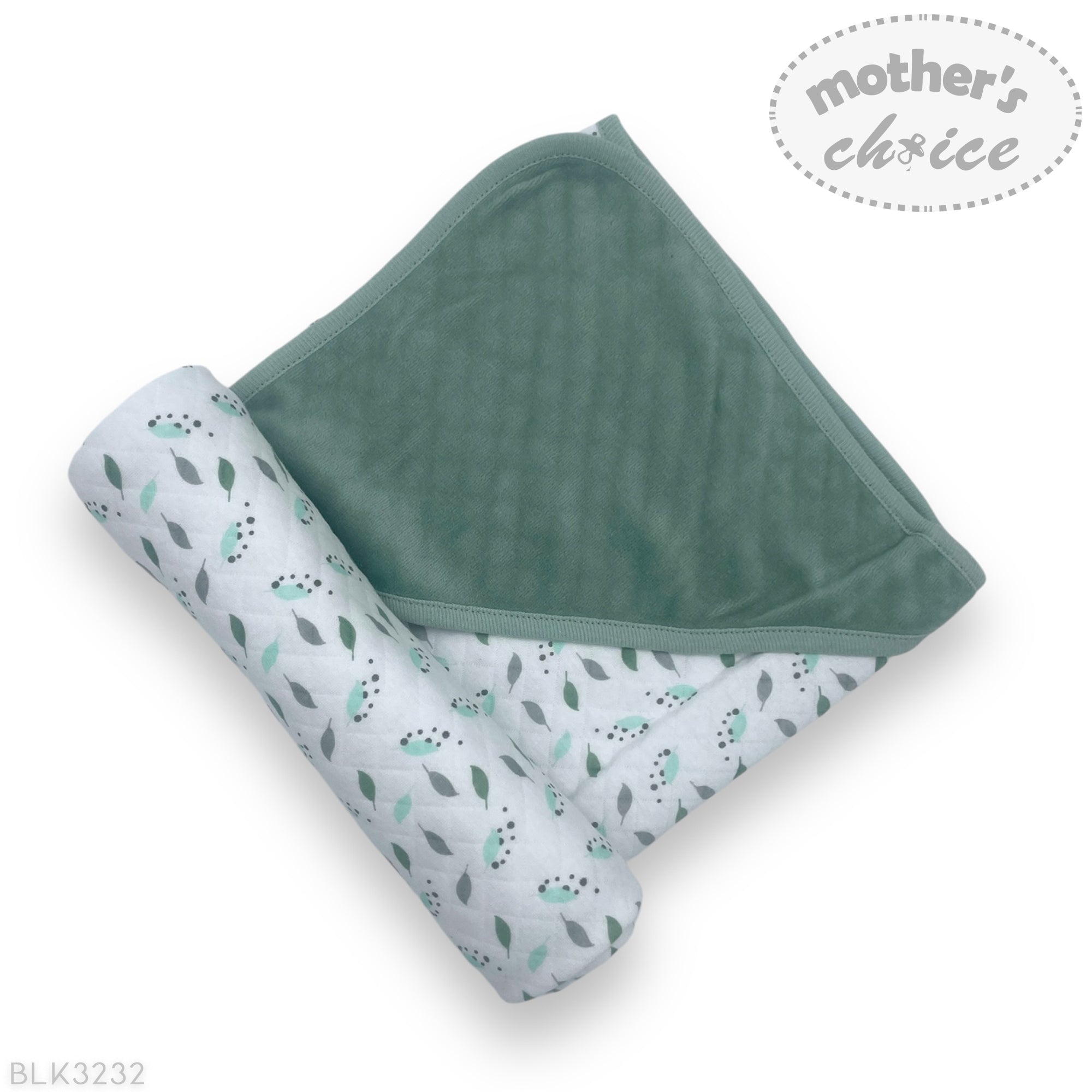 Mothers Choice 100% Cotton Baby Quilted Hooded Receiver - Sage / Grey Leaf