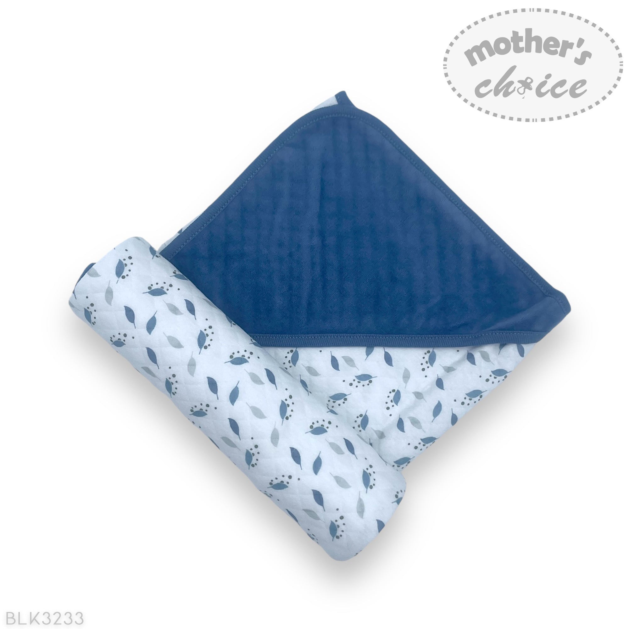Mothers Choice 100% Cotton Baby Quilted Hooded Receiver - Blue / Grey Leaf