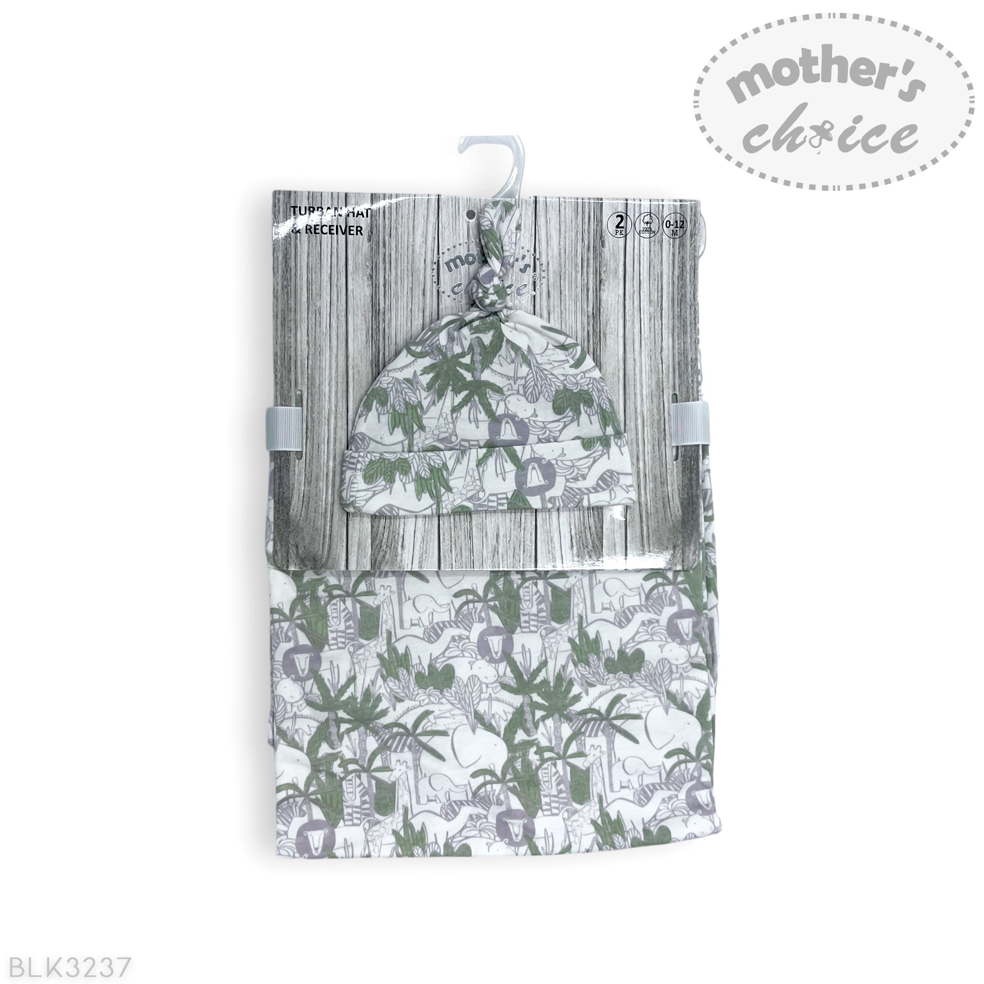 Baby hat and bib set with animal print packaging on a white background