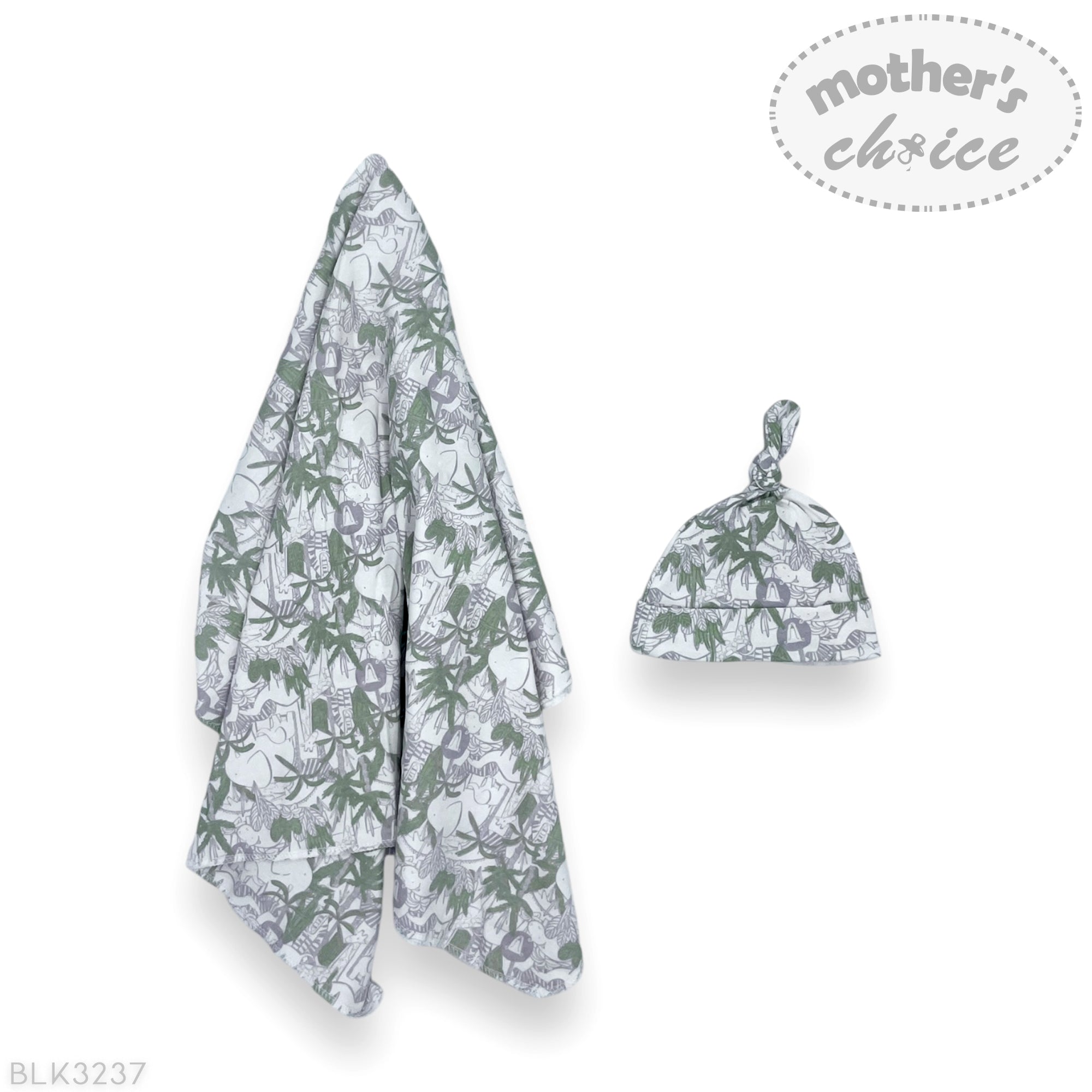 Baby blanket and hat set with green floral pattern on a white background, featuring 'mother's choice' branding.