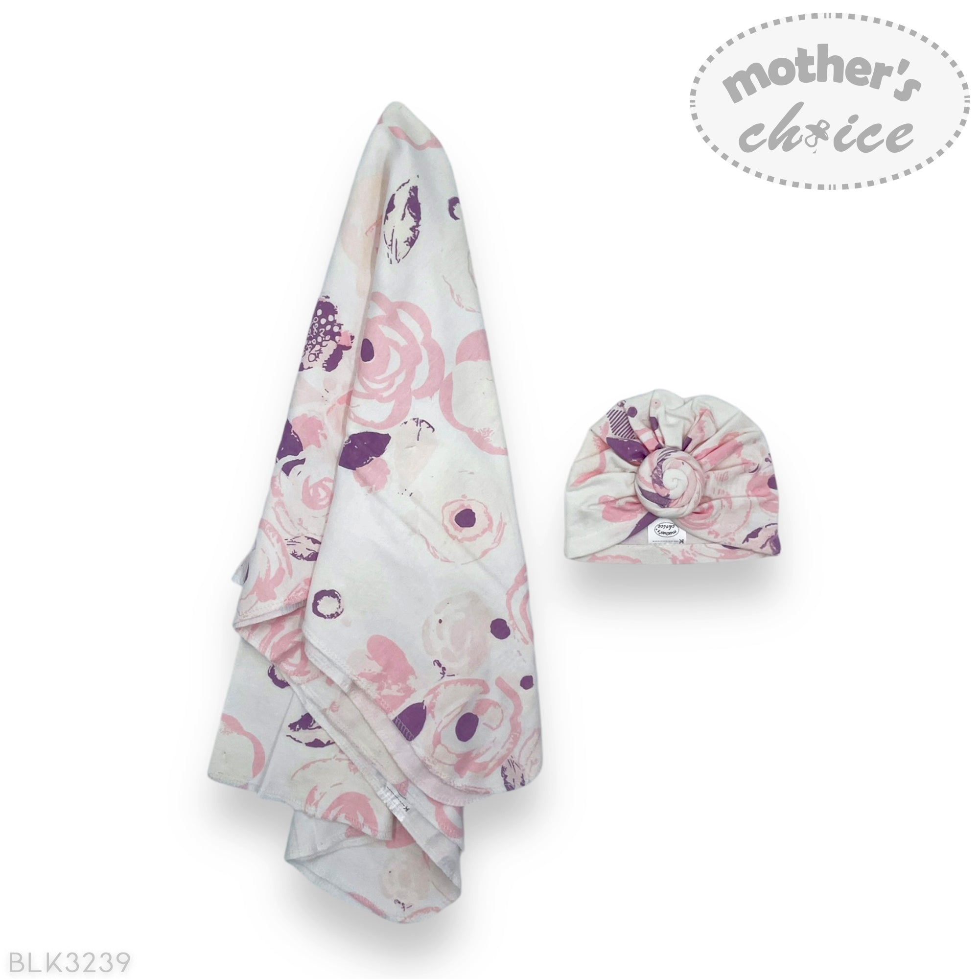 Baby swaddle and hat set with floral pattern on a white background, featuring 'mother's choice' branding.