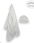 Baby towel and hat set with 'Mother's Choice' branding on a white background