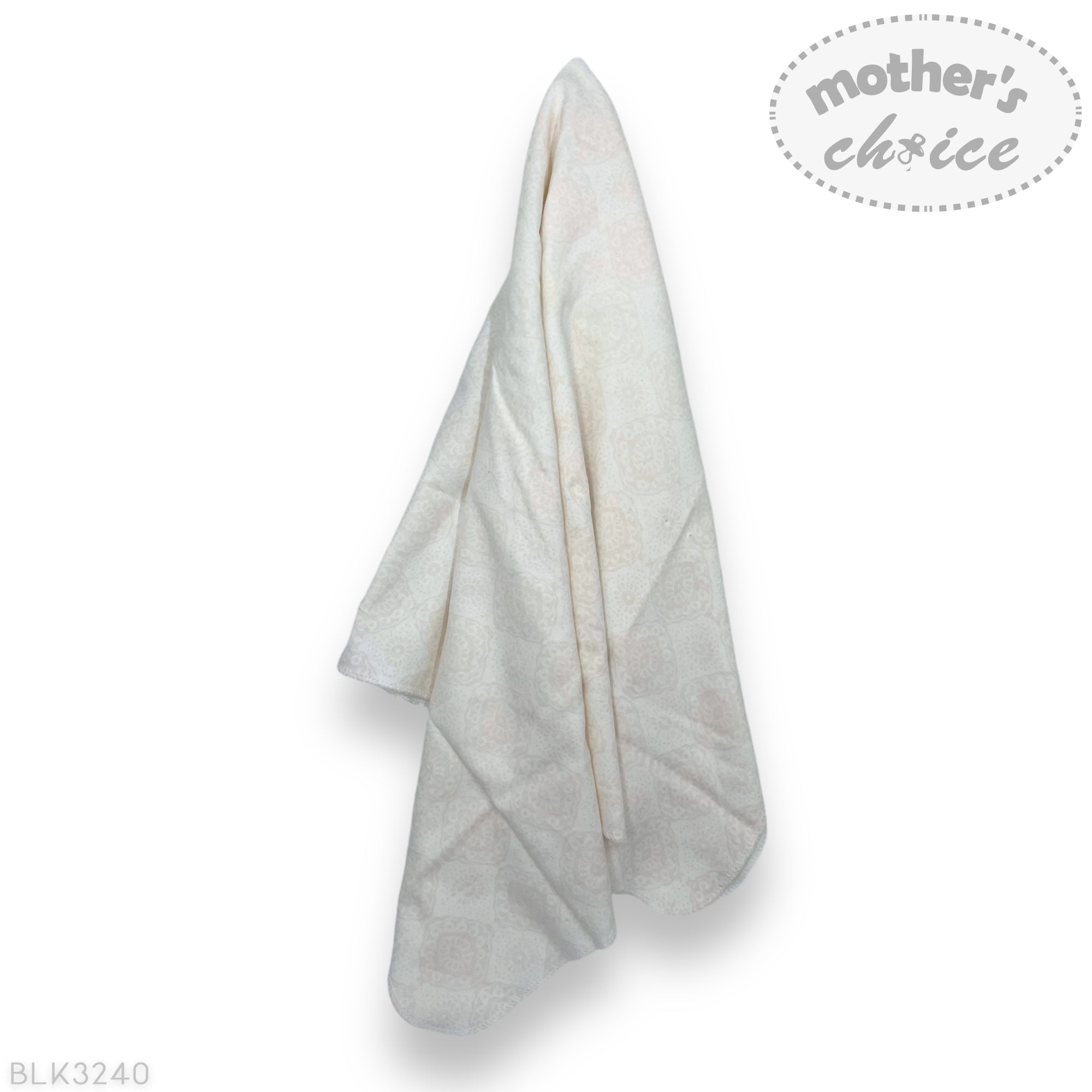 Folded white towel with 'mother's choice' branding on a white background
