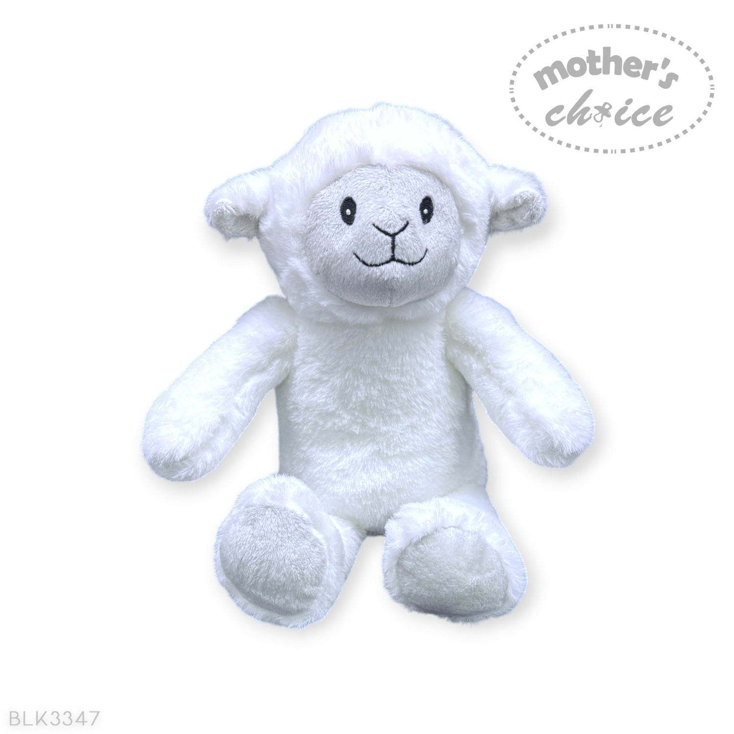 White plush lamb toy with a 'Mother's Choice' label on a white background